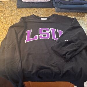 Champion Men's Black Crewneck with Purple LSU Logo